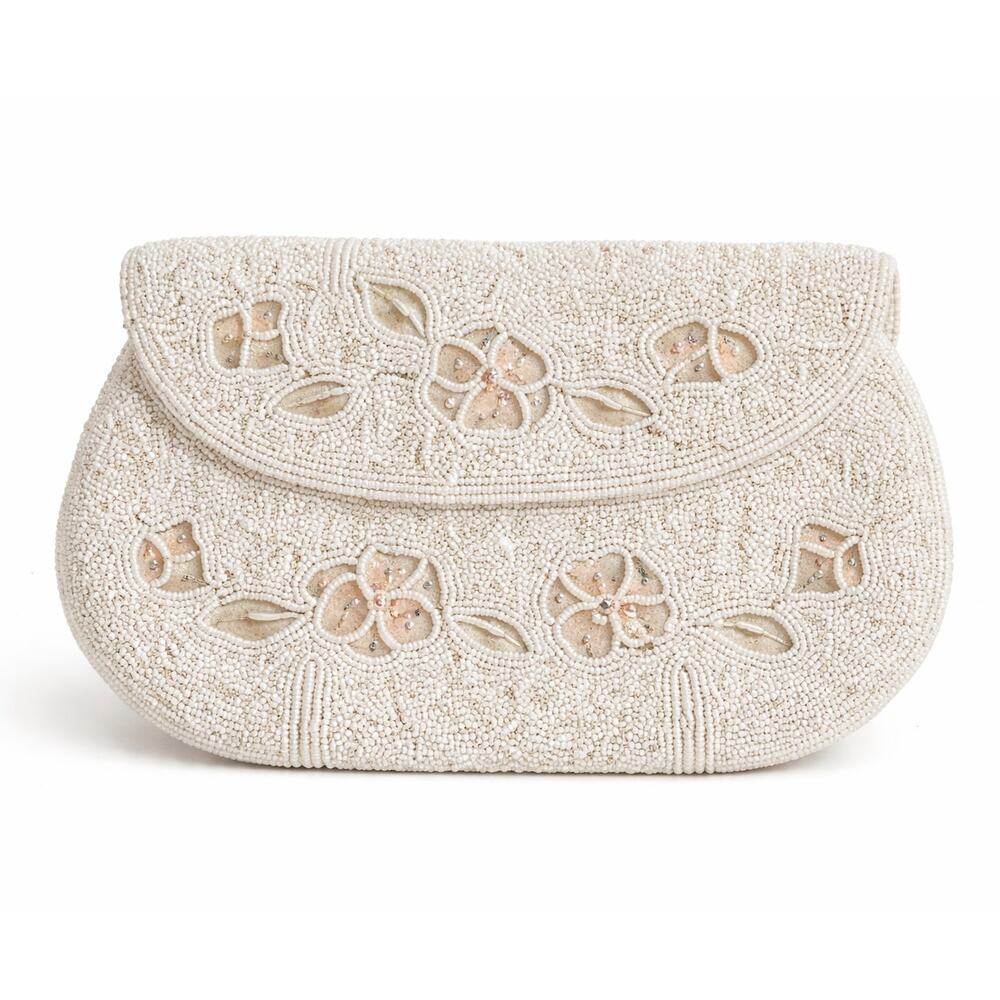 Vintage 50s Glass Beaded Clutch Purse Off White Floral Evening Bag Made Japan